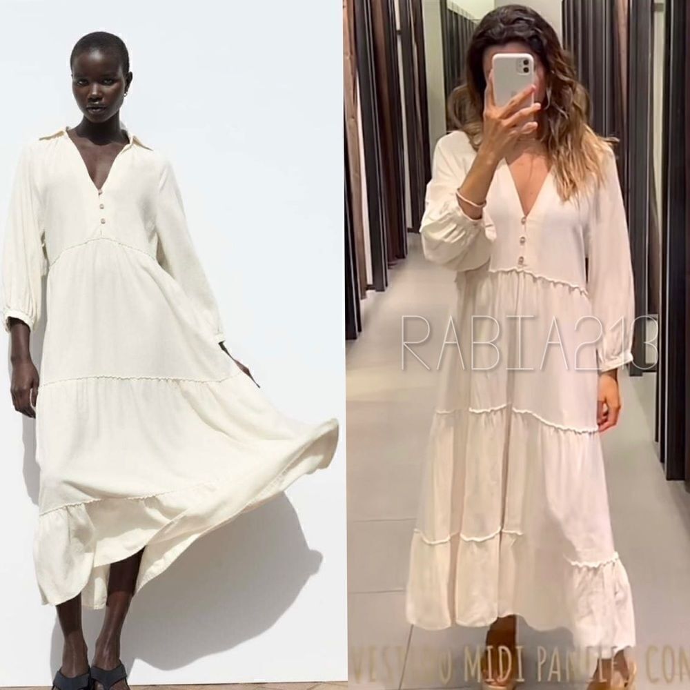 ZARA BOHO LINEN BLEND TIERED MIDI DRESS